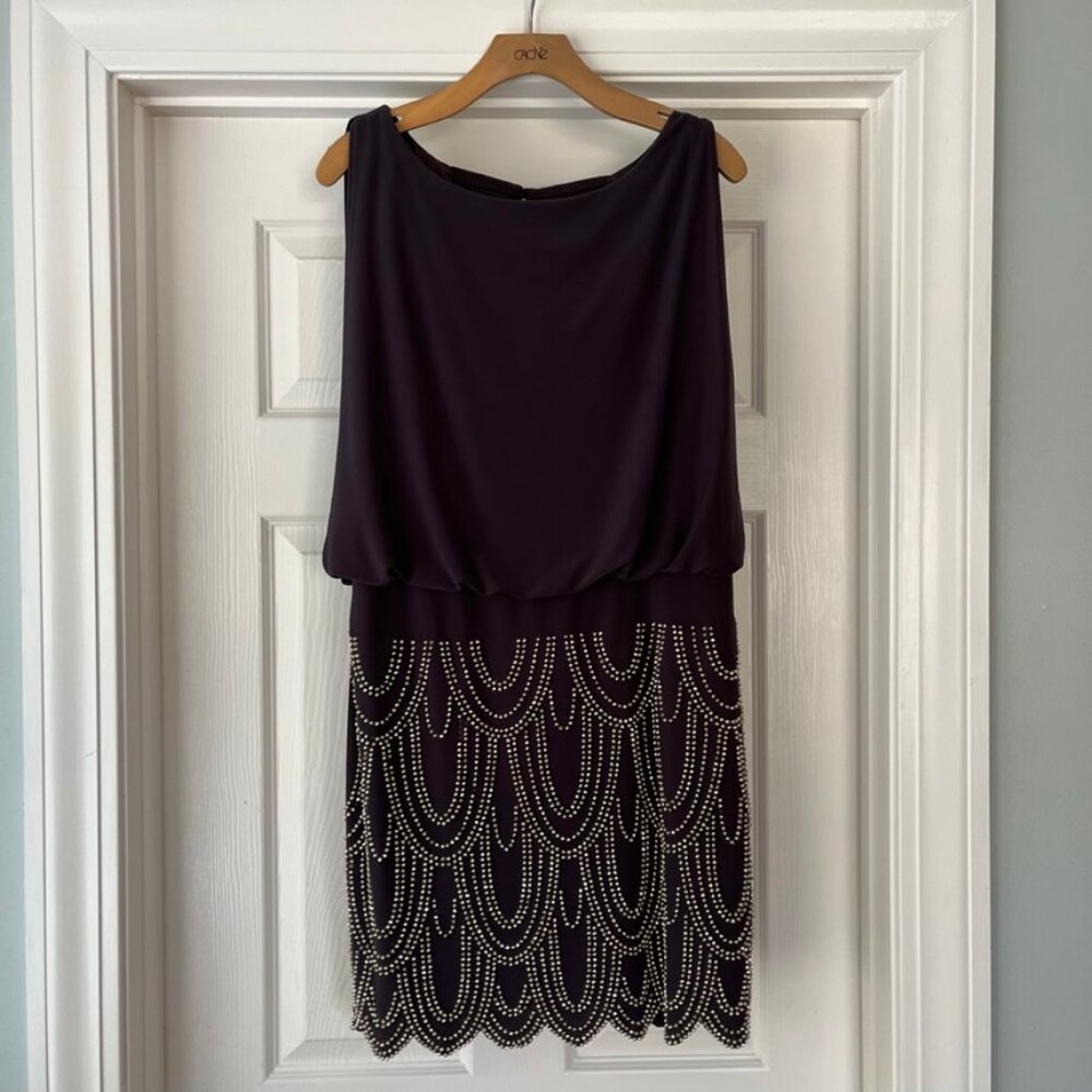 Caché beaded charcoal grey sleeveless draped dress, 12